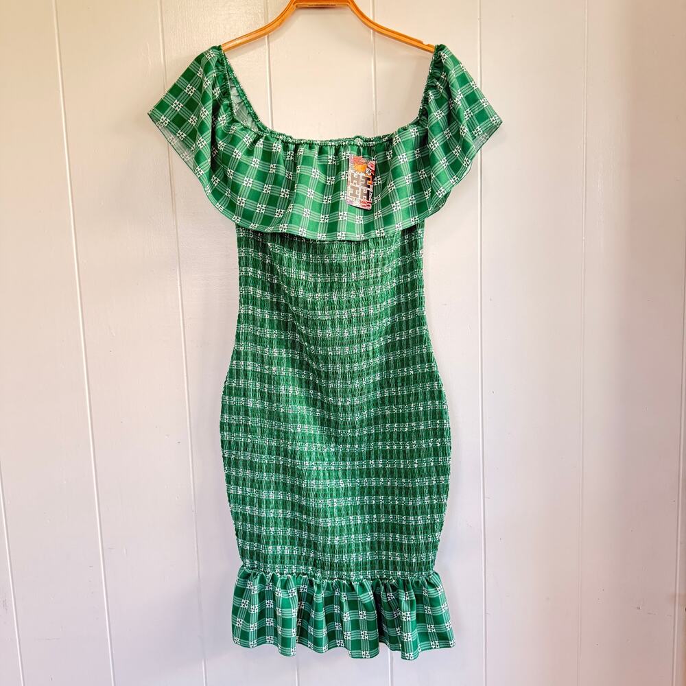 NWT HI FINEST Off the Shoulder Smocked Green Dress Size XL